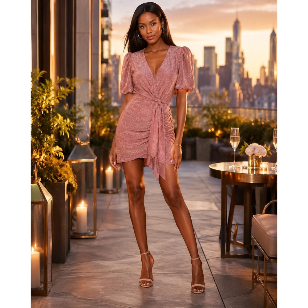 Saylor Deb Pink Lurex Mini Dress Puff Sleeve Ruched Wrap Tie Cocktail, Est Small